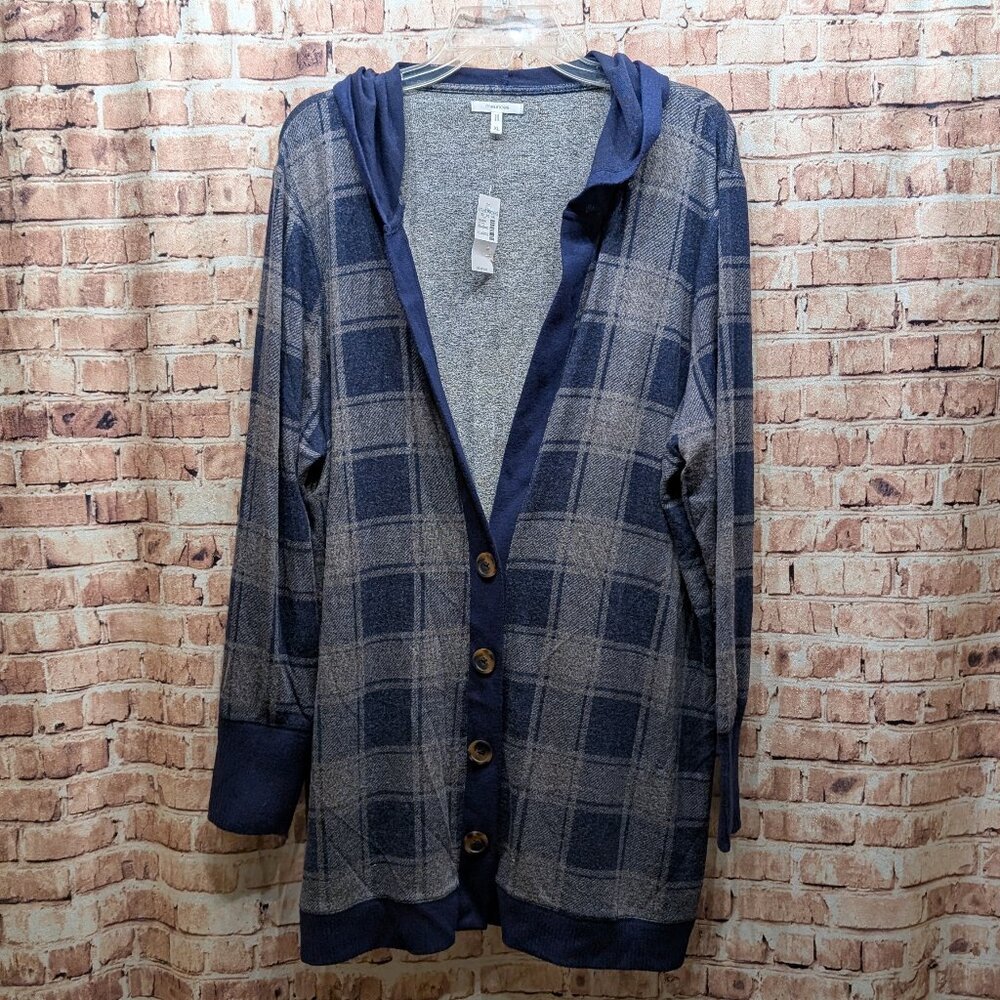 Maurices Hooded Cardigan with Button Closure Plaid Blue/Gray Size XL NWT